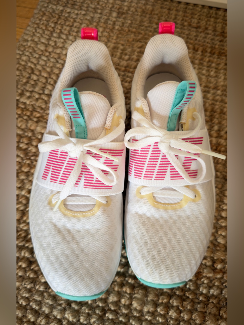 Nike Women's Renew White Sneakers with Pink Strap and Teal Accents